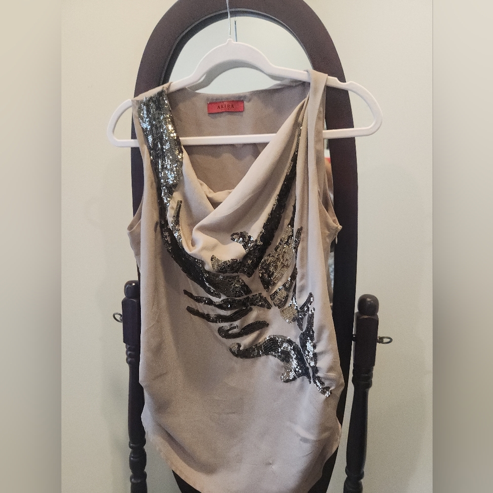 AKIRA Tan and Black Graphic Embellished Tank Top